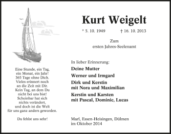 Traueranzeige von Kurt Weigelt von Tageszeitung